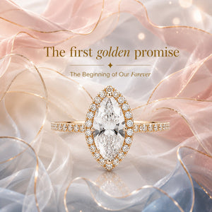 A rose gold ring with a large marquise-cut clear gemstone surrounded by a halo of small diamonds, set against a soft pink and blue draped fabric background with elegant gold wire accents and the text 'The first golden promise The Beginning of Our Forever'.