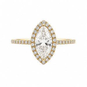 A yellow gold ring featuring a large marquise-cut diamond center stone surrounded by a double halo of smaller round diamonds, with the band adorned with pavé-set diamonds, shown on a solid white background.