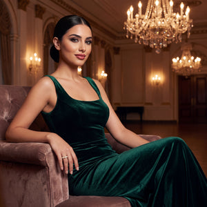 Woman in a green dress sitting on a couch in an elegant room with chandeliers.