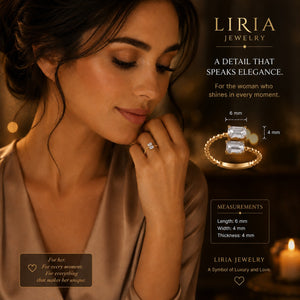 Woman wearing LIRIA jewelry with product details and measurements.