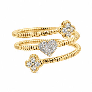 A gold snake-style wrap bracelet featuring a central pavé heart and two flower motifs, each set with clear stones, shown on a plain white background.