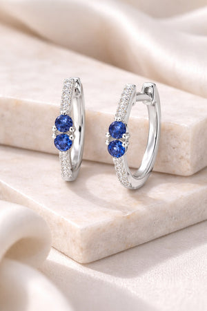 14K White Gold Diamond and Blue Sapphire Huggie Hoop Earrings