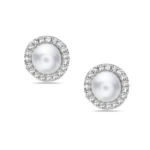Pearl earrings with silver rims on a white background