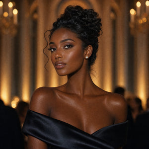 Woman in a black off-shoulder dress with a blurred background