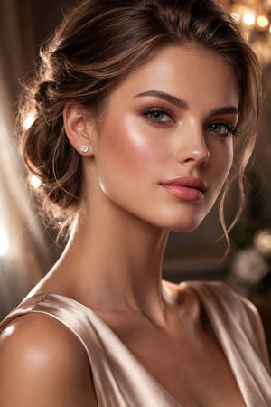 Woman with elegant hair and makeup wearing a light-colored dress.