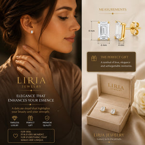 Liria Jewelry earrings with measurements and packaging on a neutral background