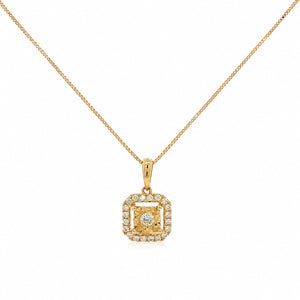 A gold square pendant necklace featuring a halo of small clear stones around a central round clear stone, suspended from a delicate gold chain on a white background.