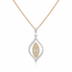 A gold and silver-tone evil eye pendant necklace with clear gemstones, shown on a clean white background.