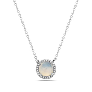 14K White Gold Diamond Halo Opal Pendant Necklace