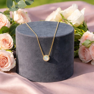 14K Yellow Gold Diamond Halo Opal Pendant Necklace