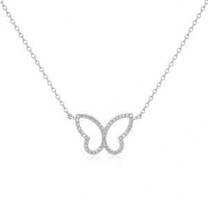 Butterfly-shaped diamond necklace on a white background