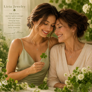 Two women wearing Liria Jewelry with a clover and flowers in the background