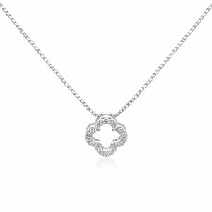 Silver necklace with a clover-shaped pendant on a white background