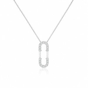 Silver necklace with a rectangular pendant on a white background