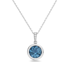 Silver necklace with a blue gemstone pendant on a white background