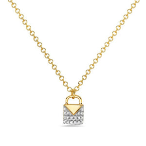 Gold necklace with a lock-shaped pendant on a white background