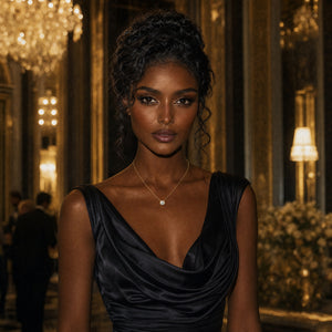 Woman in a black dress standing in an elegant room with chandeliers.