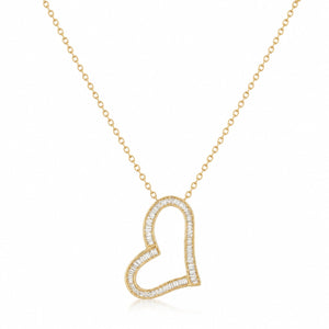 A delicate yellow gold chain necklace featuring an open heart-shaped pendant paved with small clear stones, shown against a plain white background.