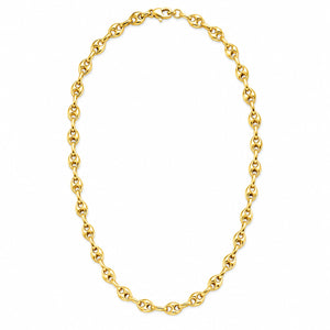 A yellow gold chain necklace with a classic curb link pattern, displayed in a neat oval shape against a solid white background.