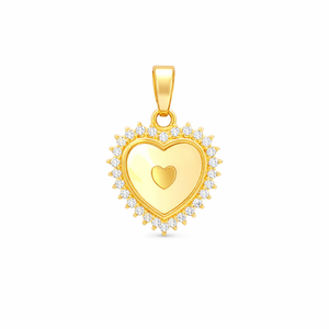 Gold heart-shaped pendant with a smaller heart in the center on a white background