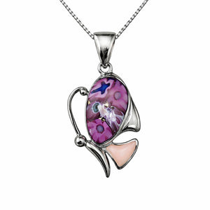 Silver pendant with a pink and purple design on a white background