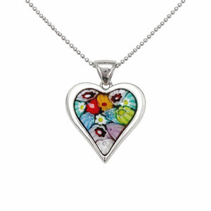 Heart-shaped colorful pendant on a silver chain against a white background