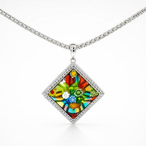 Colorful square pendant on a chain against a white background