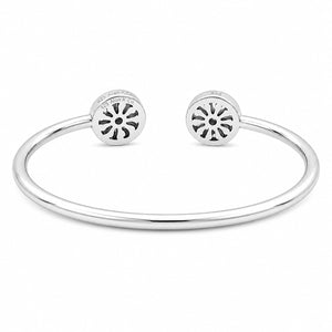 Open silver bangle bracelet with two round multicolor ends and crystal halo detail