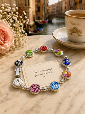 Silver bracelet with multicolor Murano-style glass round charms
