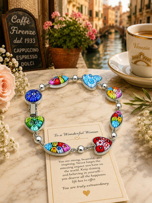 Silver bracelet with multicolor heart and oval Murano-style glass charms