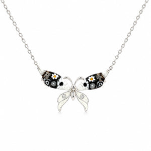 Butterfly-shaped necklace with floral details on a white background