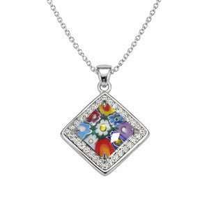 Colorful square pendant necklace on a white background