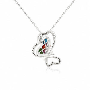 Butterfly-shaped pendant with colorful gemstones on a white background