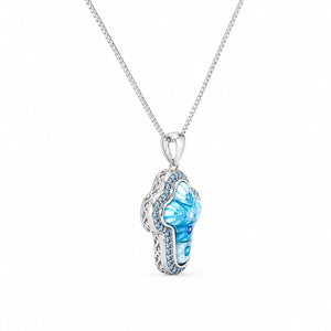 Silver pendant with a blue gemstone on a white background