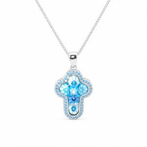 Blue floral pendant necklace on a white background