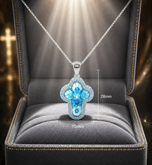 Blue floral pendant necklace in a gray jewelry box with measurements.