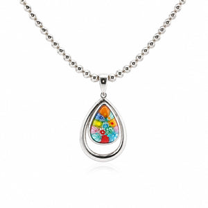 Necklace with a teardrop-shaped pendant featuring colorful floral design on a white background