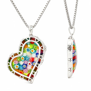 Colorful heart-shaped pendant on a silver chain against a white background