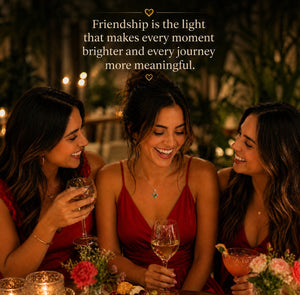 Three women in red dresses enjoying a night out with drinks and a quote about friendship.