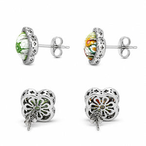 Set of four floral-themed stud earrings on a white background