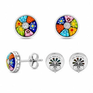 Colorful floral design earrings with silver setting on a white background