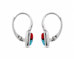 Pair of silver hoop earrings with colorful gemstones on a white background