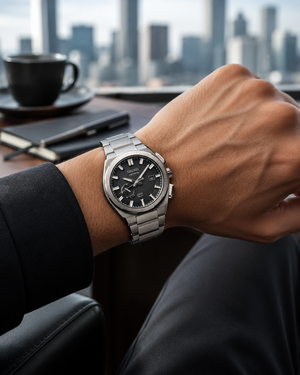 A silver stainless steel chronograph watch with a black dial and silver-tone metal bracelet, worn on a man's wrist in an office setting with a blurred city skyline background.
