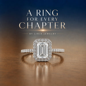 A square halo emerald-cut diamond ring with a pavé band, displayed on a reflective wooden surface with a dark blue gradient background and the text 'A RING FOR EVERY CHAPTER BY LIRIA JEWELRY'.