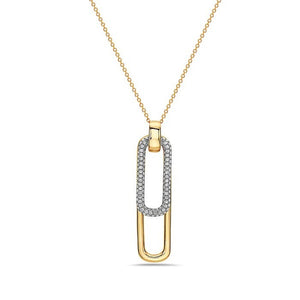 Gold necklace with a rectangular pendant on a white background