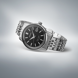 King Seiko SJE091 black dial stainless steel front-angle shot