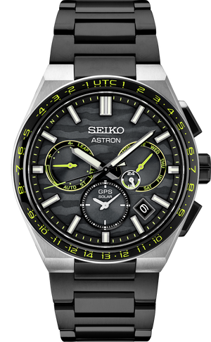 Seiko Astron watch with black and silver design on a white background