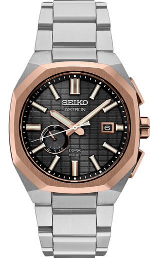 SSJ014 Seiko Solar GPS Titanium case with super-hard coating and Octagonal titanium bezel with rose gold finish