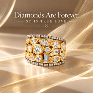 A wide gold ring set with multiple round, marquise, and baguette-cut diamonds, displayed on a shimmering gold satin surface with elegant draped fabric. The text 'Diamonds Are Forever.