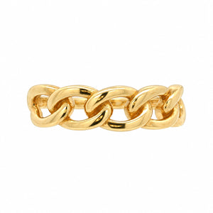 A polished yellow gold chain ring with thick, interlocking curb-style links, shown against a plain white background.